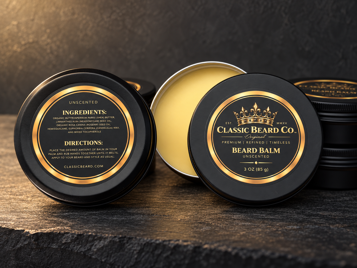 Classic Beard Co. Unscented Beard Balm tins with open balm and label details