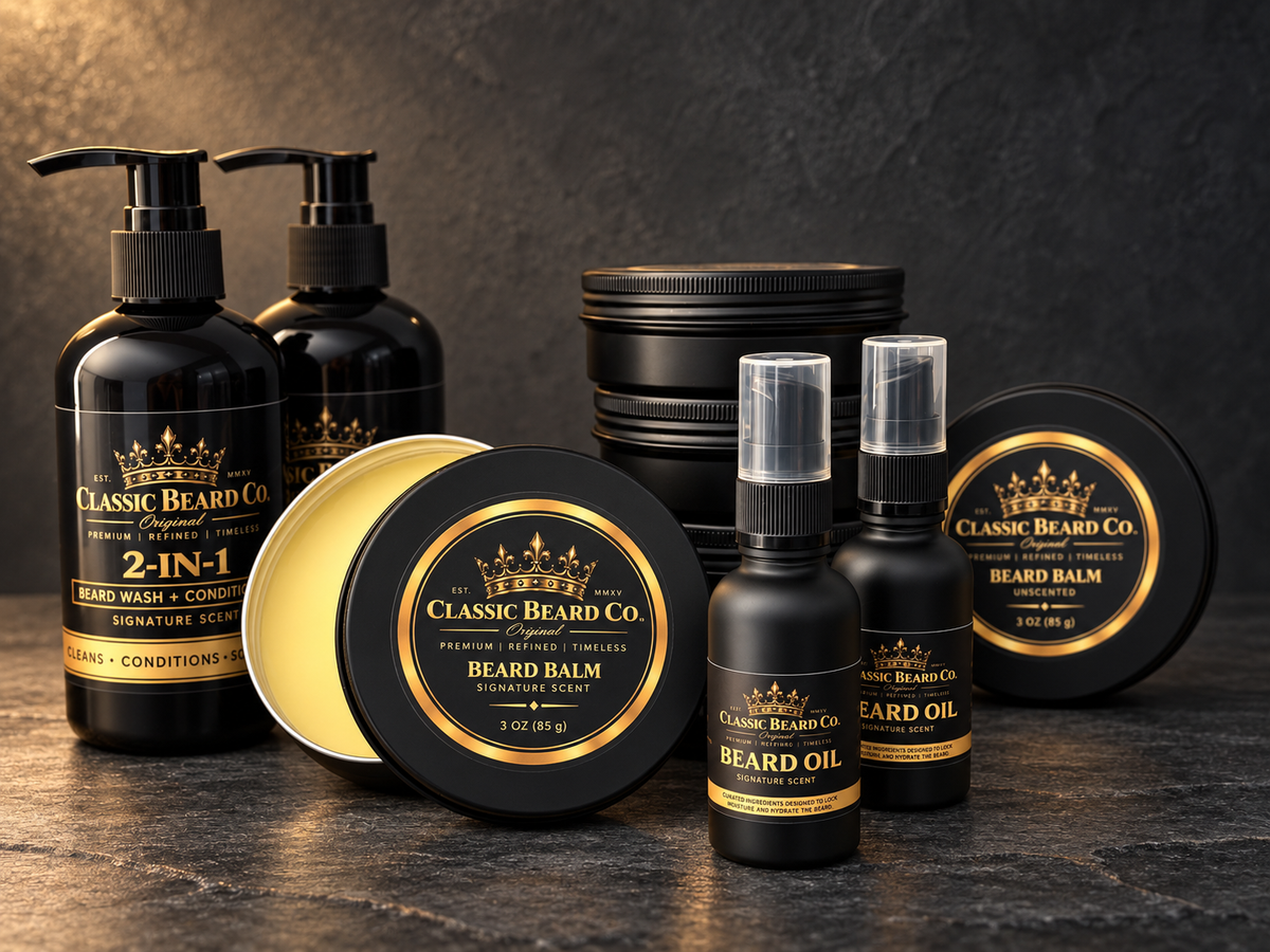 Classic Beard Co. beard oil, balm and 2-in-1 wash collection
