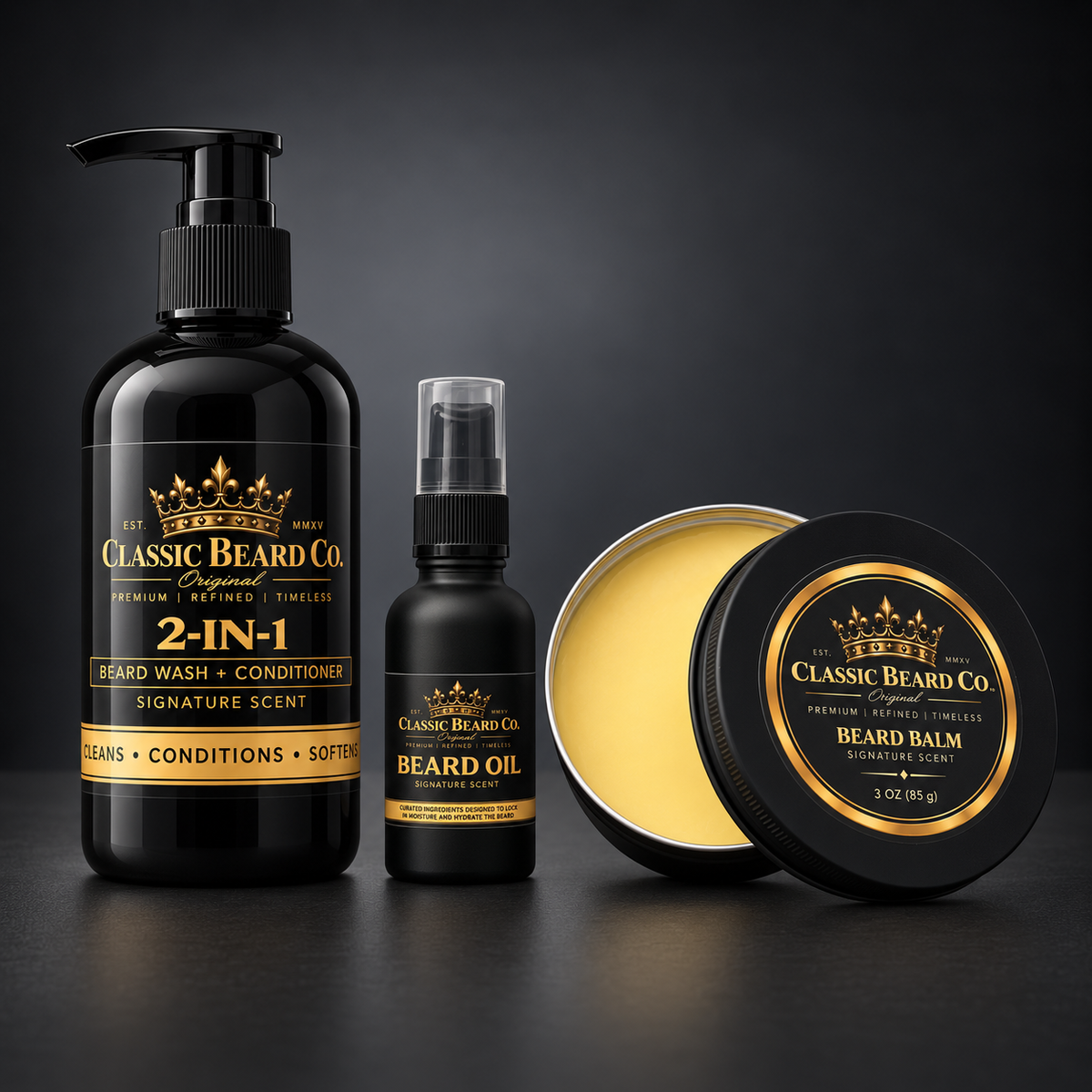 Classic Beard Co. Total Beard Care Kit alternate view with beard wash, beard oil and open balm tin