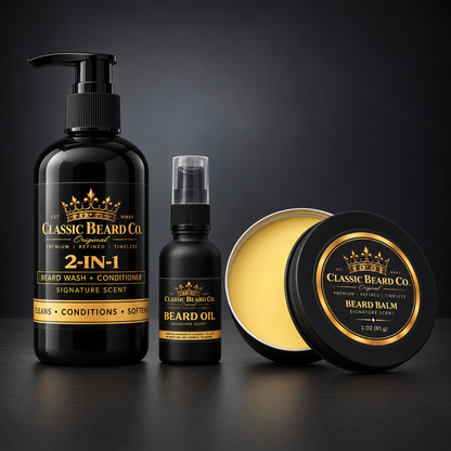 Classic Beard Co. Total Beard Care Kit alternate view with beard wash, beard oil and open balm tin
