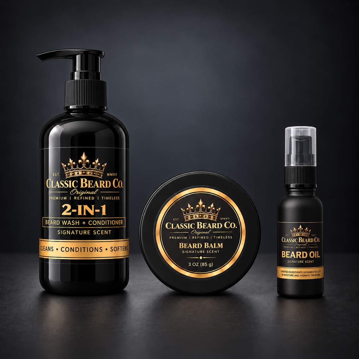 Classic Beard Co. Signature Scent Total Beard Care Kit with beard wash, closed balm tin and beard oil