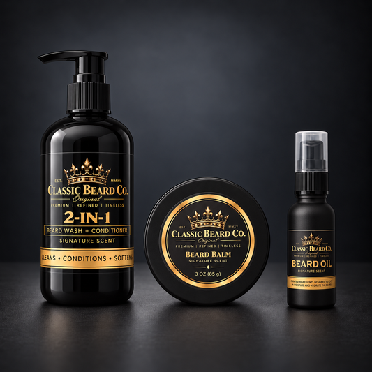 Classic Beard Co. Signature Scent Total Beard Care Kit with beard wash, closed balm tin and beard oil