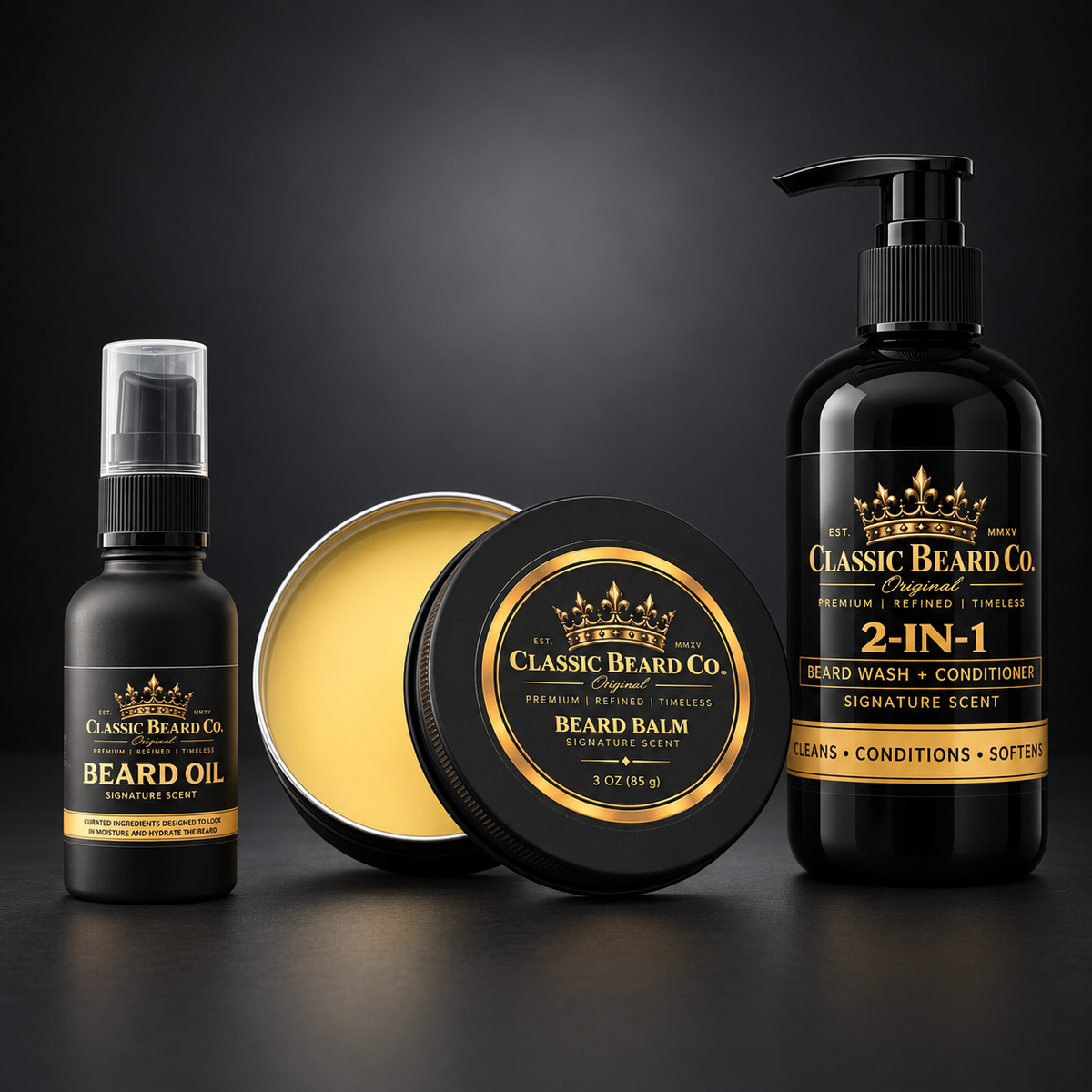 Total Beard Care Kit with Signature Scent beard oil, open beard balm and 2-in-1 beard wash