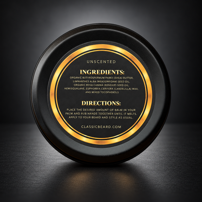 Classic Beard Co. Unscented Beard Balm 3 oz ingredients and directions view