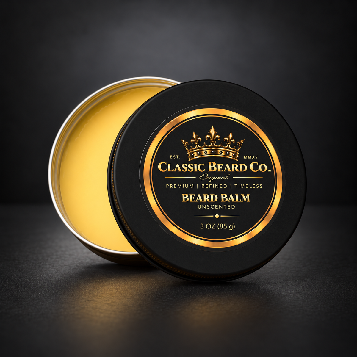Classic Beard Co. Unscented Beard Balm 3 oz open tin view